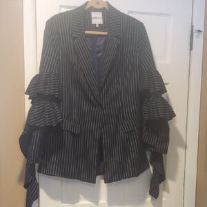 Unique 21 Black Striped Women's Blazer with Ruffle Detail